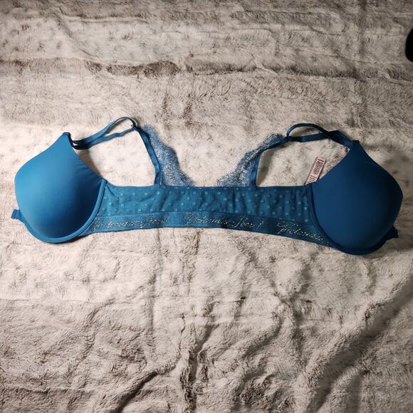 NWOT Victoria's Secret Blue Lace Front Close T-Shirt Lightly Lined Demi Bra 32D - Picture 5 of 5